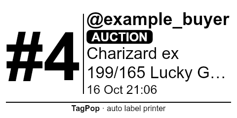 Example label: buyer #4, @username, AUCTION, item title