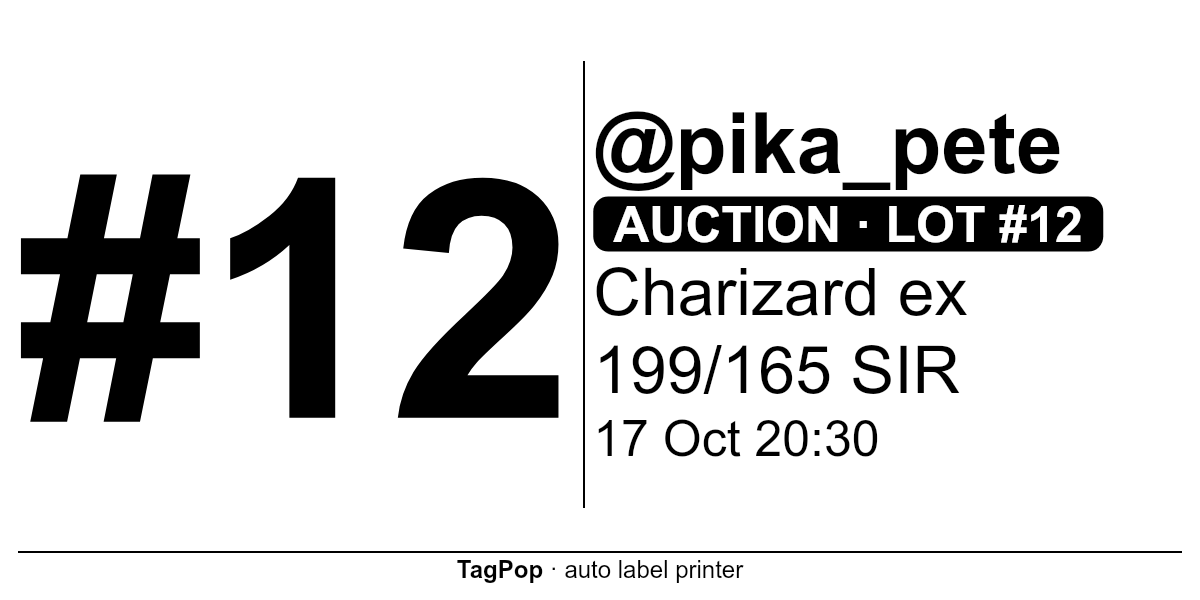 Sample 4 × 2 in label: buyer #12, @pika_pete, auction lot #12