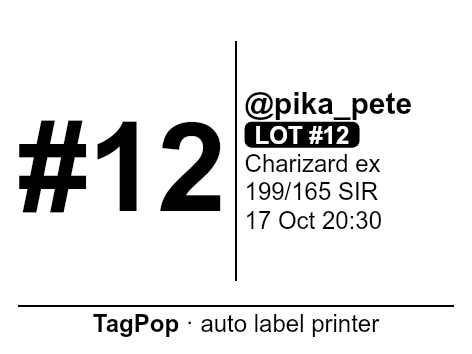 Sample 40 × 30 mm label: buyer #12, @pika_pete, auction lot #12