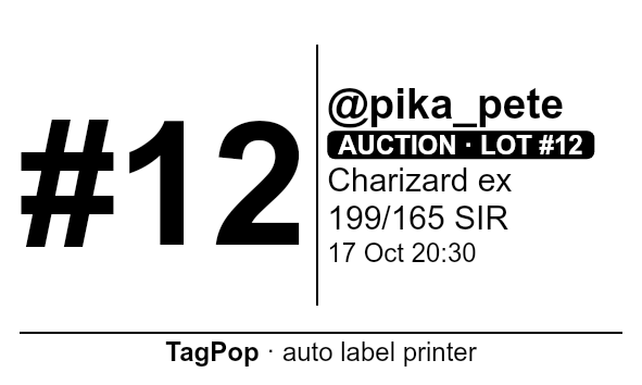 Sample 50 × 30 mm label: buyer #12, @pika_pete, auction lot #12