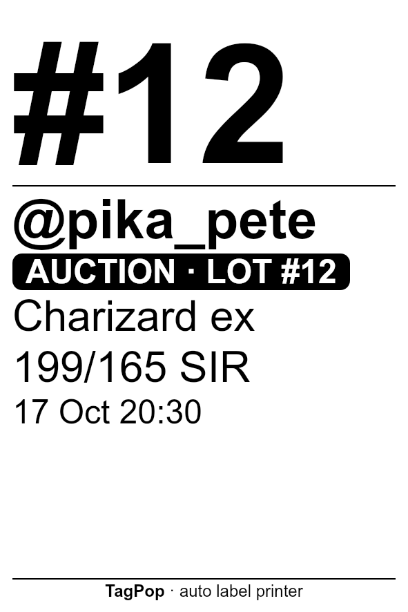 Sample 50 × 75 mm (2×3 in) label: buyer #12, @pika_pete, auction lot #12