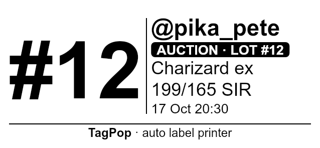 Sample 54 × 25 mm (Dymo 11352) label: buyer #12, @pika_pete, auction lot #12