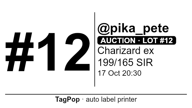 Sample 57 × 32 mm (Dymo 11354) label: buyer #12, @pika_pete, auction lot #12