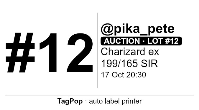 Sample 2.25 × 1.25 in label: buyer #12, @pika_pete, auction lot #12