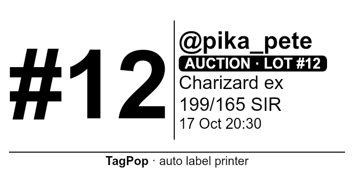 Sample 60 × 30 mm label: buyer #12, @pika_pete, auction lot #12