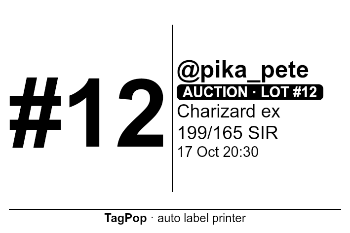 Sample 60 × 40 mm label: buyer #12, @pika_pete, auction lot #12