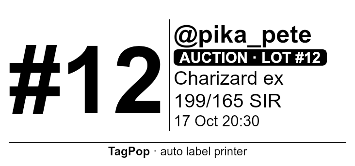 Sample 62 mm continuous (Brother) label: buyer #12, @pika_pete, auction lot #12