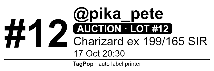 Sample 3 × 1 in label: buyer #12, @pika_pete, auction lot #12