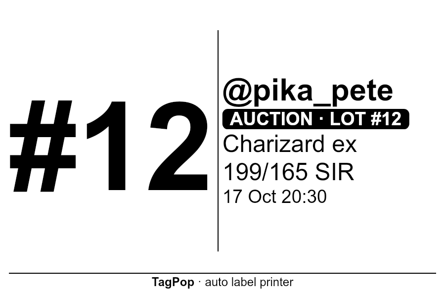 Sample 3 × 2 in label: buyer #12, @pika_pete, auction lot #12