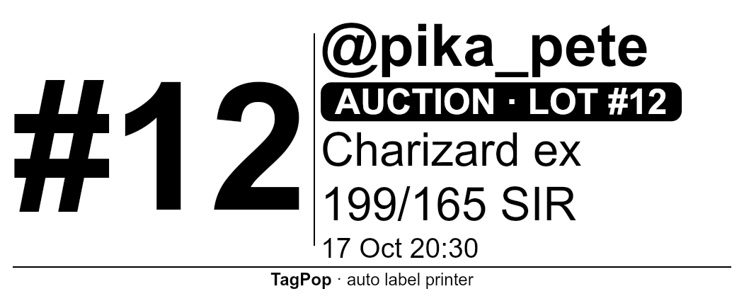 Sample 89 × 36 mm (Dymo 99012) label: buyer #12, @pika_pete, auction lot #12